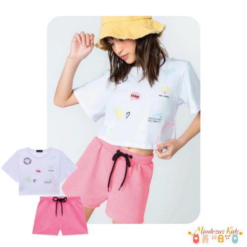 Conjunto Menina Verão Blusa Boxy Over em Meia Malha com Shorts em