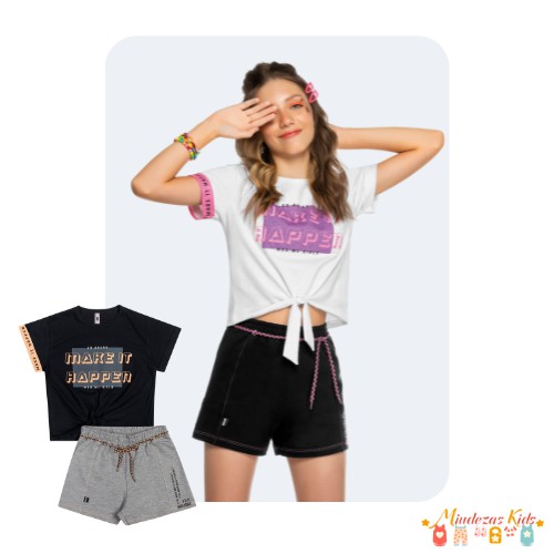 Conjunto de blusa em meia malha com amarração e shorts em moletinho Angerô