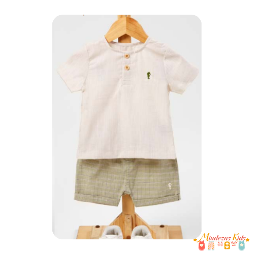 Conjunto de bata em linho leve e bermuda em linho leve xadrez Onda Marinha