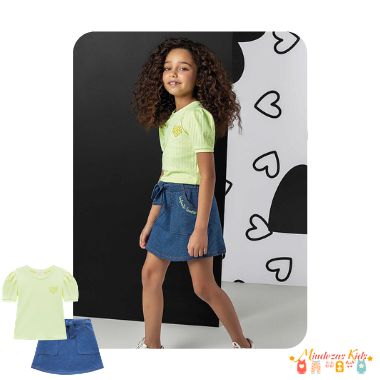 Conjunto de blusa em malha canelada e saia em malha denim (com shorts) Infanti blk23k