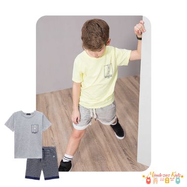 Conjunto camiseta meia malha e bermuda moletinho listrado com elastano Luc.boo blk23K