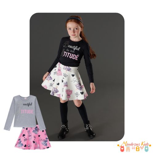 Blusa em cotton e saia em fly tech Infanti