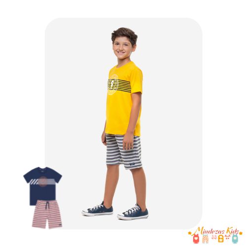 Conjunto camiseta em meia malha e bermuda em moletom listrado Onda Marinha blk25