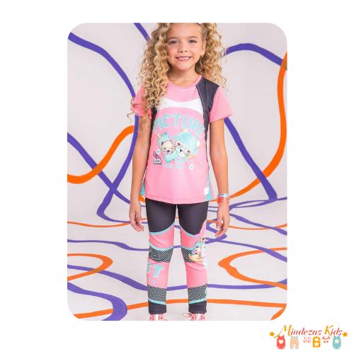 Conjunto de t-shirt em meia malha e legging em fly tech Kukiê blk23k
