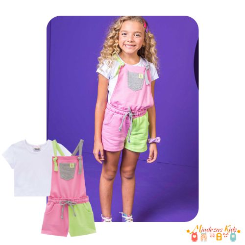 Conjunto de jardineira em moletom sem pelúcia e cropped em cotton Kukiê blk