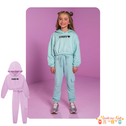 Conjunto de blusão over cropeed e calça jogger em moletom sem pelúcia Kukiê