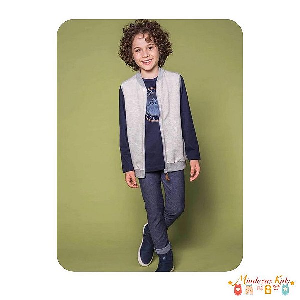 Trio de colete em moletom, camiseta e calça em cotton jeans Luc.boo