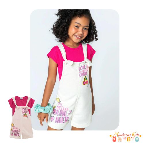 Conjunto de Blusa Boxy em Viscose e Jardineira em Moletom Linho Le Petit Kukiê