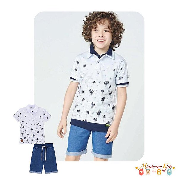 Conjunto de camisa polo em meia malha e bermuda em malha denim Luc.boo blk23k