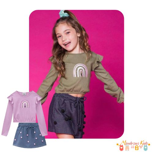 Conjunto de blusa boxy e shorts saia em malha Kukiê BLK24