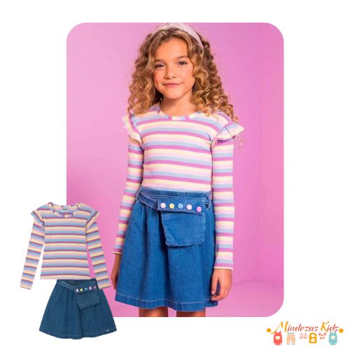 Conjunto de blusa em malha canelada listrada e saia em jeans liz Kukiê