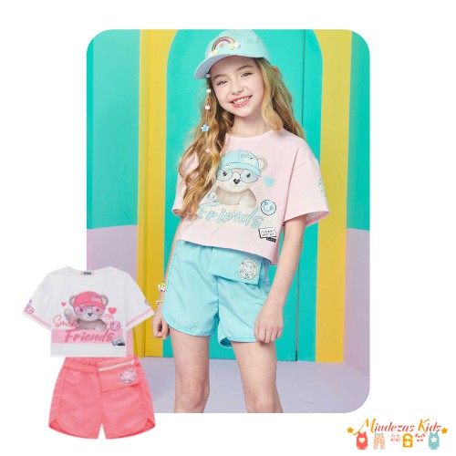 Conjunto de Blusa Boxy Over em Meia Malha e Shorts em Nylon Le Petit Kukiê blk23k