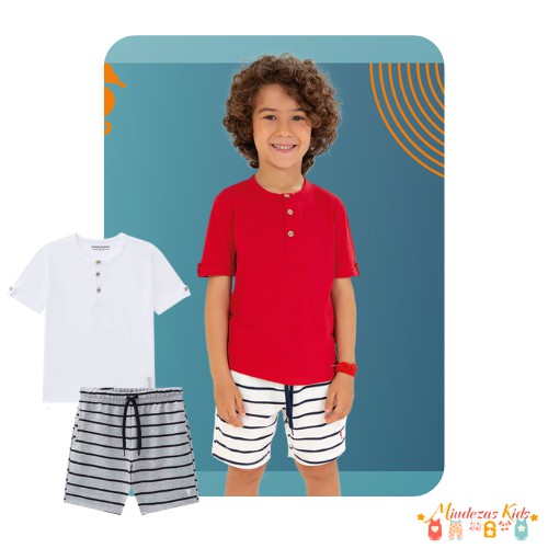 Conjunto de bata em piquet confort e bermuda em moletom listrado Onda Marinha