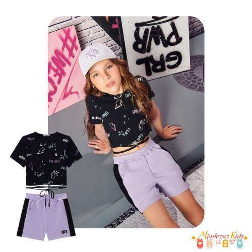 Conjunto de top em cotton estampado e bermuda em moletinho Nina Go blk23k
