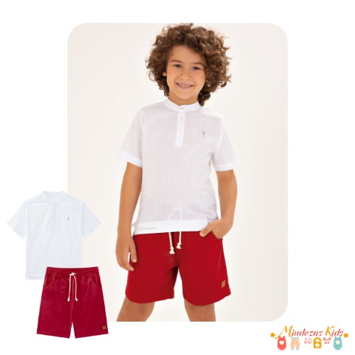 Conjunto de bata em linho leve e bermuda em sarja paper com elastano Onda Marinha