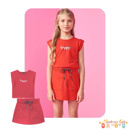 Conjunto de blusa e shorts-saia em molevisto Vic&Vicky Happy