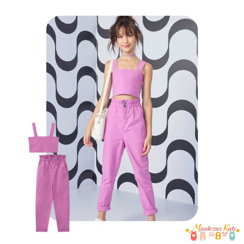 Conjunto moderninho de top e calça clochard em sarja empapelada Vic&Vicky