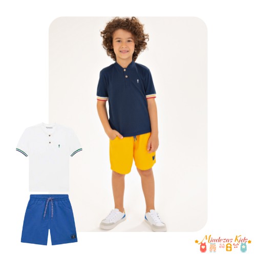 Conjunto de bata em piquet confort e bermuda em sarja papelada Onda Marinha