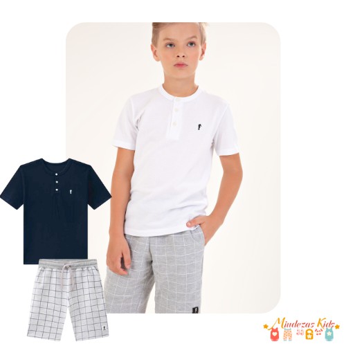 Conjunto de bata em piquet confort e bermuda em moletom estampado Onda Marinha