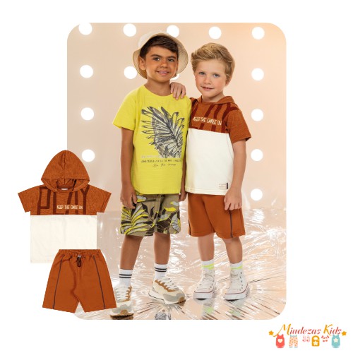 Conjunto de blusa cm capuz em malha jet e bermuda em moletinho Angerô - BLK24