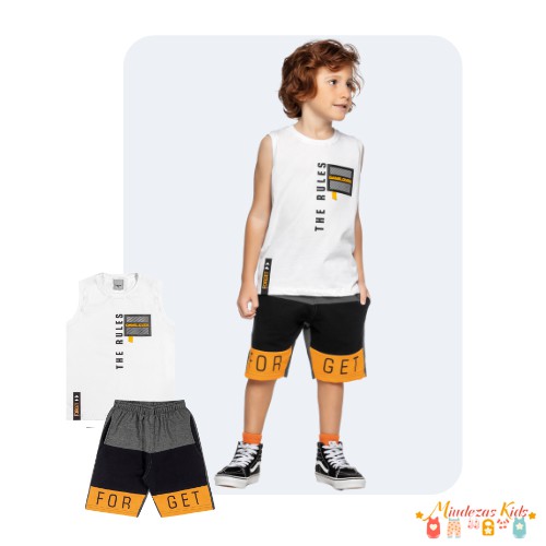 Conjunto de camiseta regata em malha jet e bermuda em moletinho Angerô BLK24