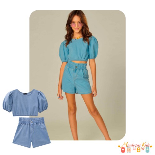 Conjunto de blusa cropped e shorts em jeans liz com elastano Vic&Vicky Denim