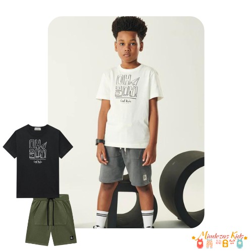 Conjunto de camiseta em meia malha e bermuda em moletom sem pelúcia Luc.boo Oh boy