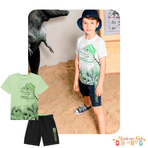 Conjunto de camiseta em meia malha e bermuda em nylon aspen Luc.boo Jurassic boo