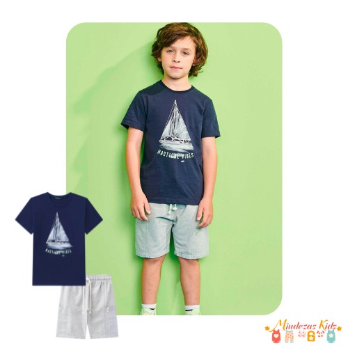 Conjunto de camiseta em malha flame e bermuda em tecido Luc.boo