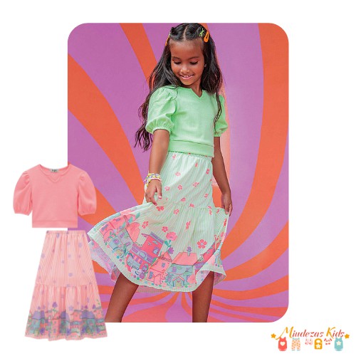 Conjunto de blusa cropped e saia super midi Kukiê