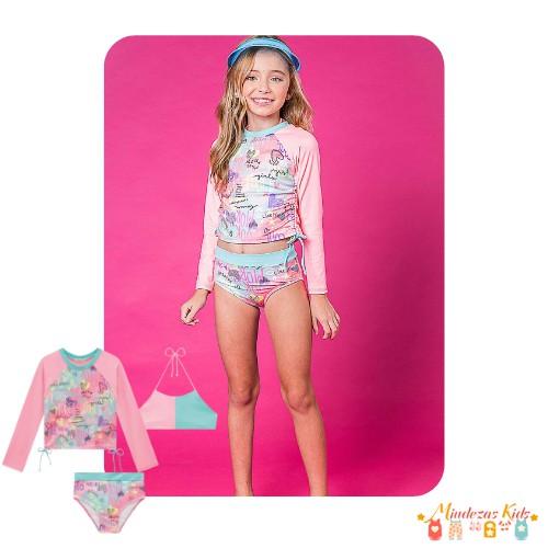 Trio de blusa e biquíni em malha UV dry com proteção UV50+Infanti