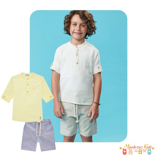 Conjunto de camisa em tricoline napoli e bermuda em tecido chambray Luc.boo Resort