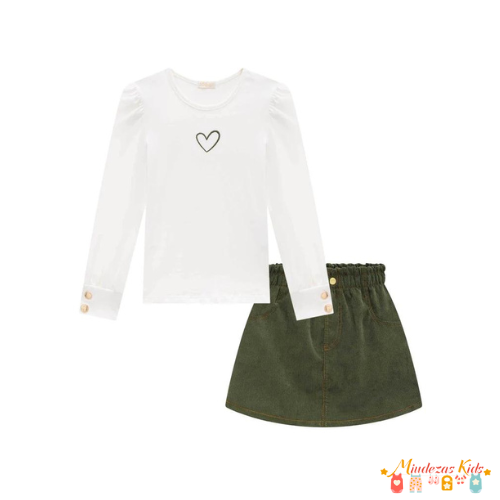 Conjunto de blusa em cotton com saia em veludo cotelê Infanti (shorts embutido)