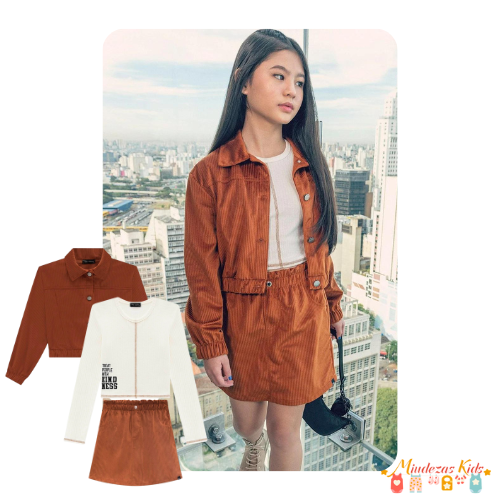 Trio de blusa cropped em canelado, jaqueta boxy e saia em cotelê Vic&Vicky (3 peças)