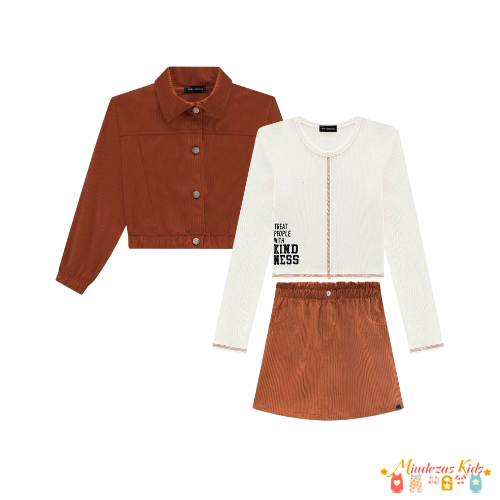Trio de blusa cropped em canelado, jaqueta boxy e saia em cotelê Vic&Vicky (3 peças)