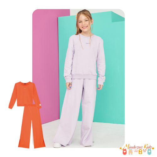 Conjunto de blusão e calça wide leg em moletom Vic&Vicky