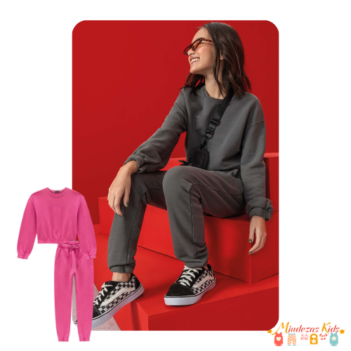 Conjunto de blusão boxy e calça jogger em moletom sem pelúcia Vic&Vicky