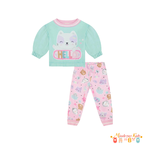 Conjunto de blusão em moletom 3 cabos e calça em new soft Kukiê