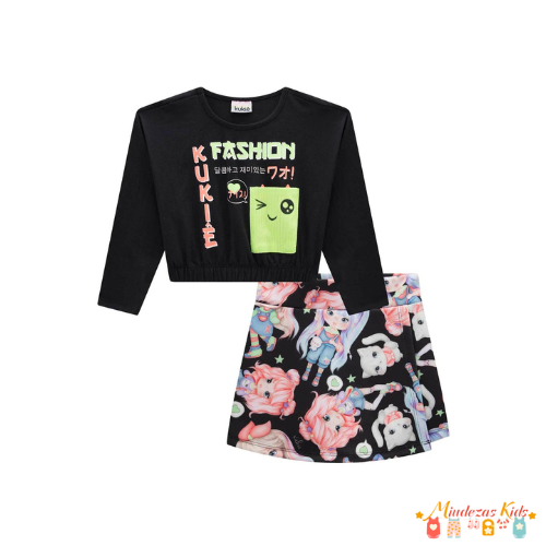 Conjunto de blusa boxy baggy em cotton e short-saia em fly tech Kukiê Fashion