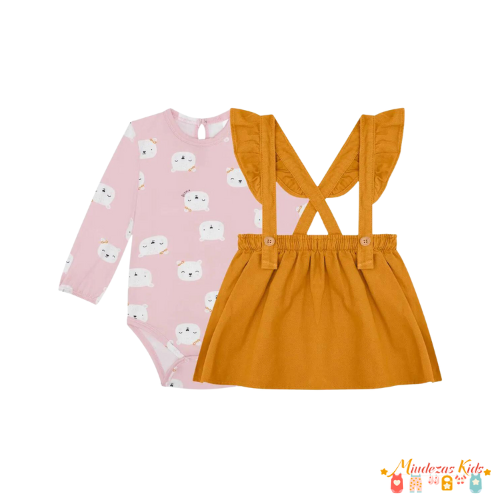 Conjunto de body em malha comfy e salopete em sarja pita Kukie baby