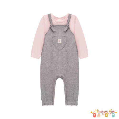 Conjunto de jardineira em moletom e body em malha wave Infanti cute love