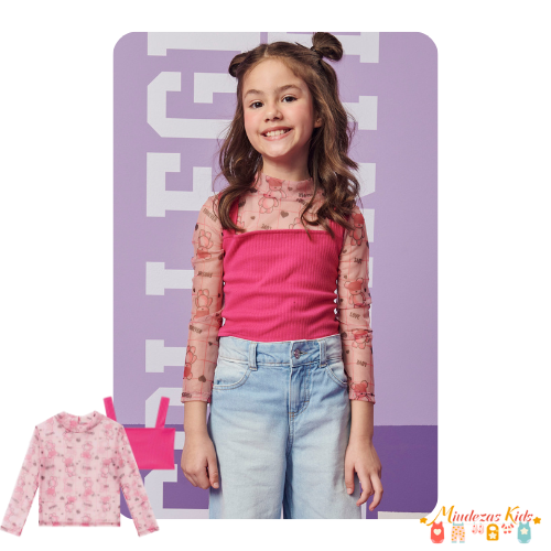 Conjunto de blusa em tule com top croped em canelado capri Infanti