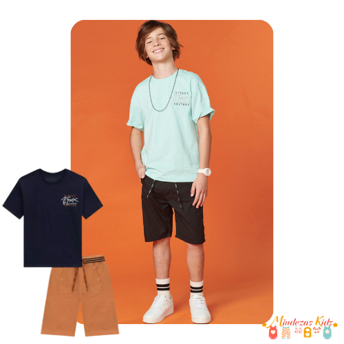 Conjunto de camiseta em meia malha e bermuda em sarja empapelada moore Johnny Fox