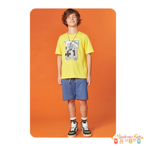 Conjunto de camiseta em meia malha e bermuda em malha denim com elastano Johnny Fox