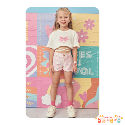 Conjunto de blusa boxy over em meia malha com shorts em sarja Infanti Fashion