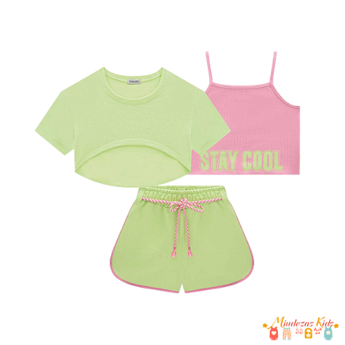 Trio de blusa boxy em canelado com sobreposição em meia malha e shorts em moletom sem pelúcia Infanti Fashion