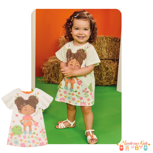 Vestido em cotton linho com patch interativo Kukie Alecrim blk23k