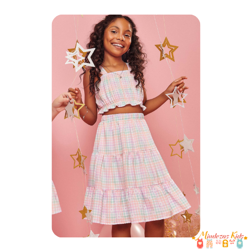 Conjunto de top cropped e saia midi em light peach Kukie