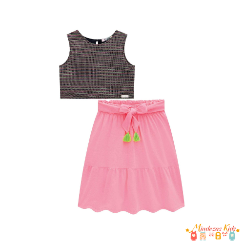Conjunto de blusa cropped e saia midi Kukiê