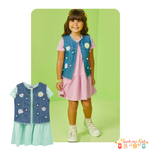 Conjunto de vestido e colete jeans Kukiê